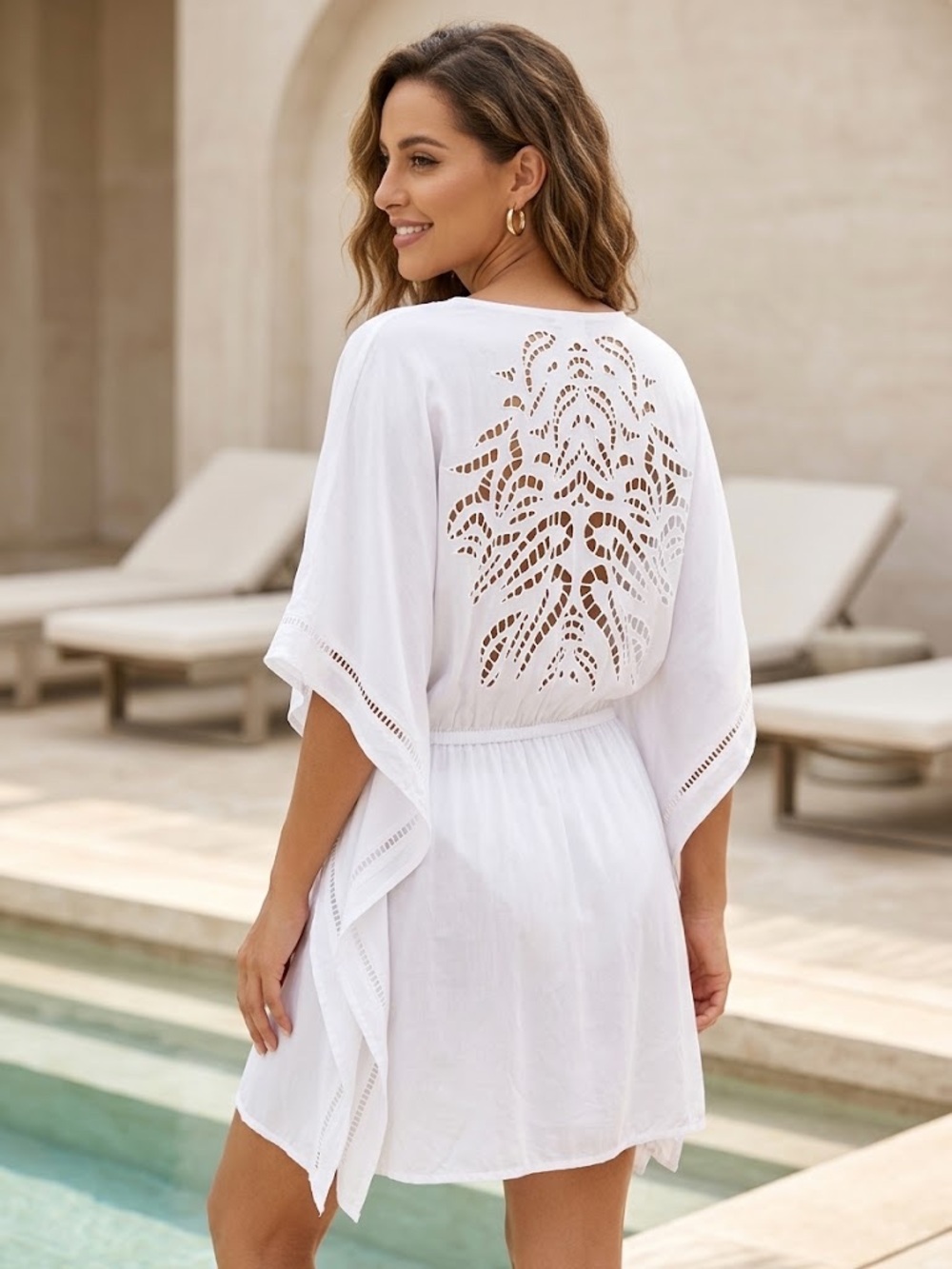 Vix Paul Ahermanny White V-Neck Swim Cover-Up Lace Back Tunic Sz M Kimono Chic
